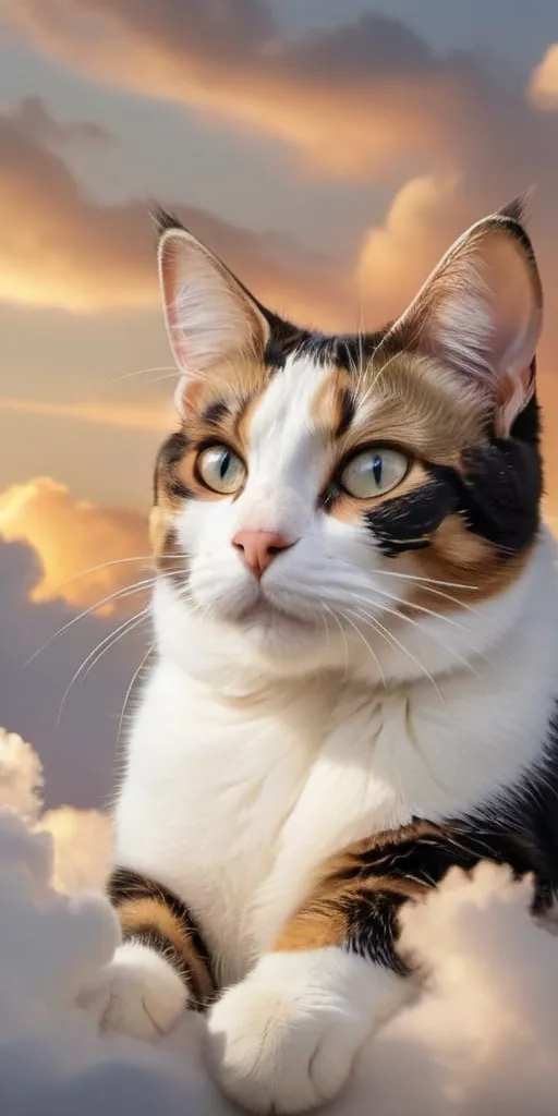 Prompt: A spotted calico cat in the sky, wearing white  and soaring through the clouds white  like an angel in heven