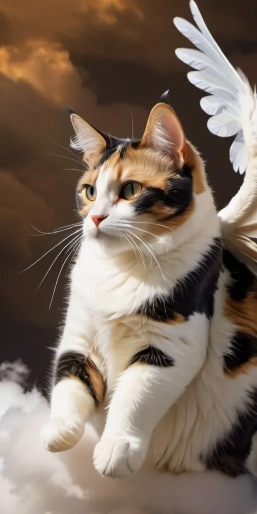 Prompt: A spotted calico cat in the sky, wearing white  and soaring through the clouds white  like an angel in heven .it have wings