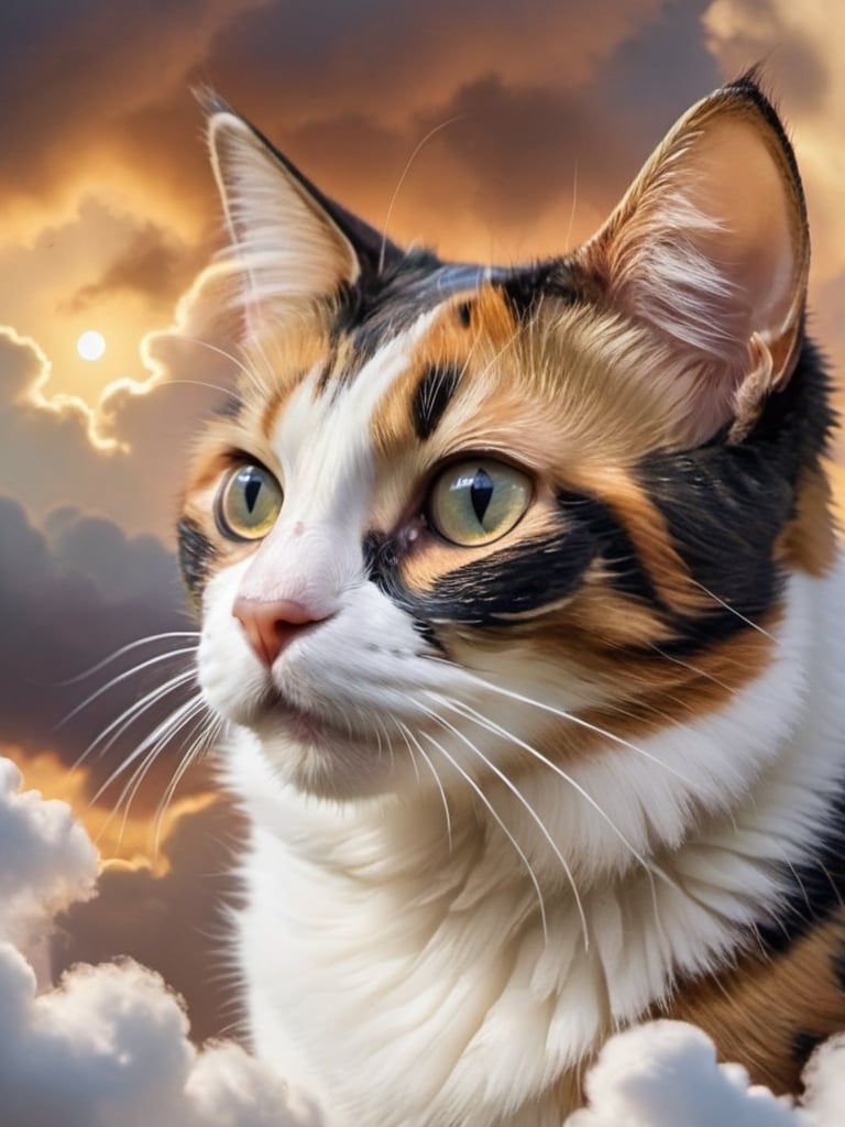 Prompt: A spotted calico cat in the sky, wearing white and soaring through the clouds like an angel.