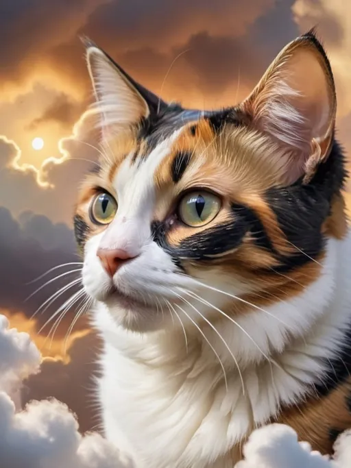 Prompt: A spotted calico cat in the sky, wearing white and soaring through the clouds like an angel.
