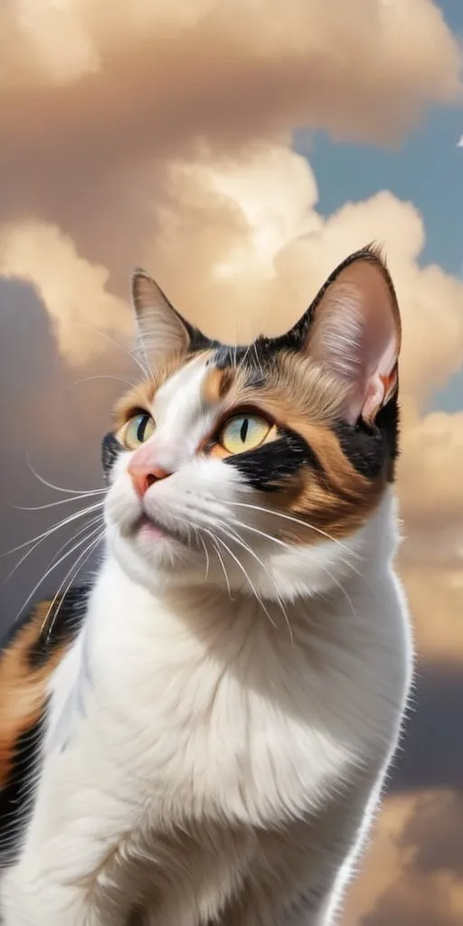 Prompt: A spotted calico cat in the sky, wearing white  and soaring through the clouds white  like an angel in heven