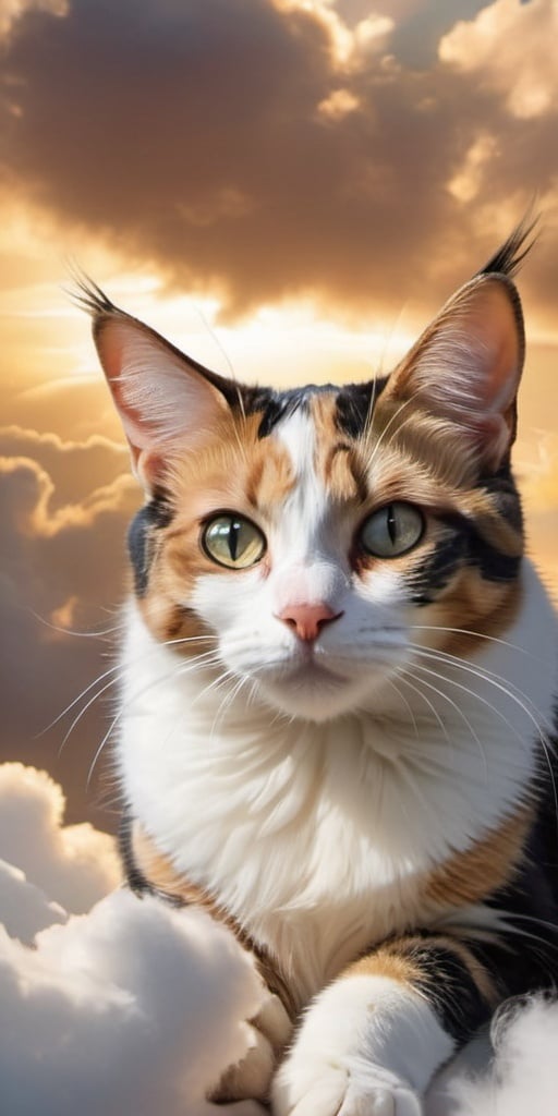 Prompt: A spotted calico cat in the sky, wearing white  and soaring through the clouds white  like an angel in heven .it have wings
