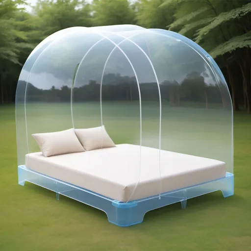 Prompt: Transparent and beautiful plastic bed that can be used in nature