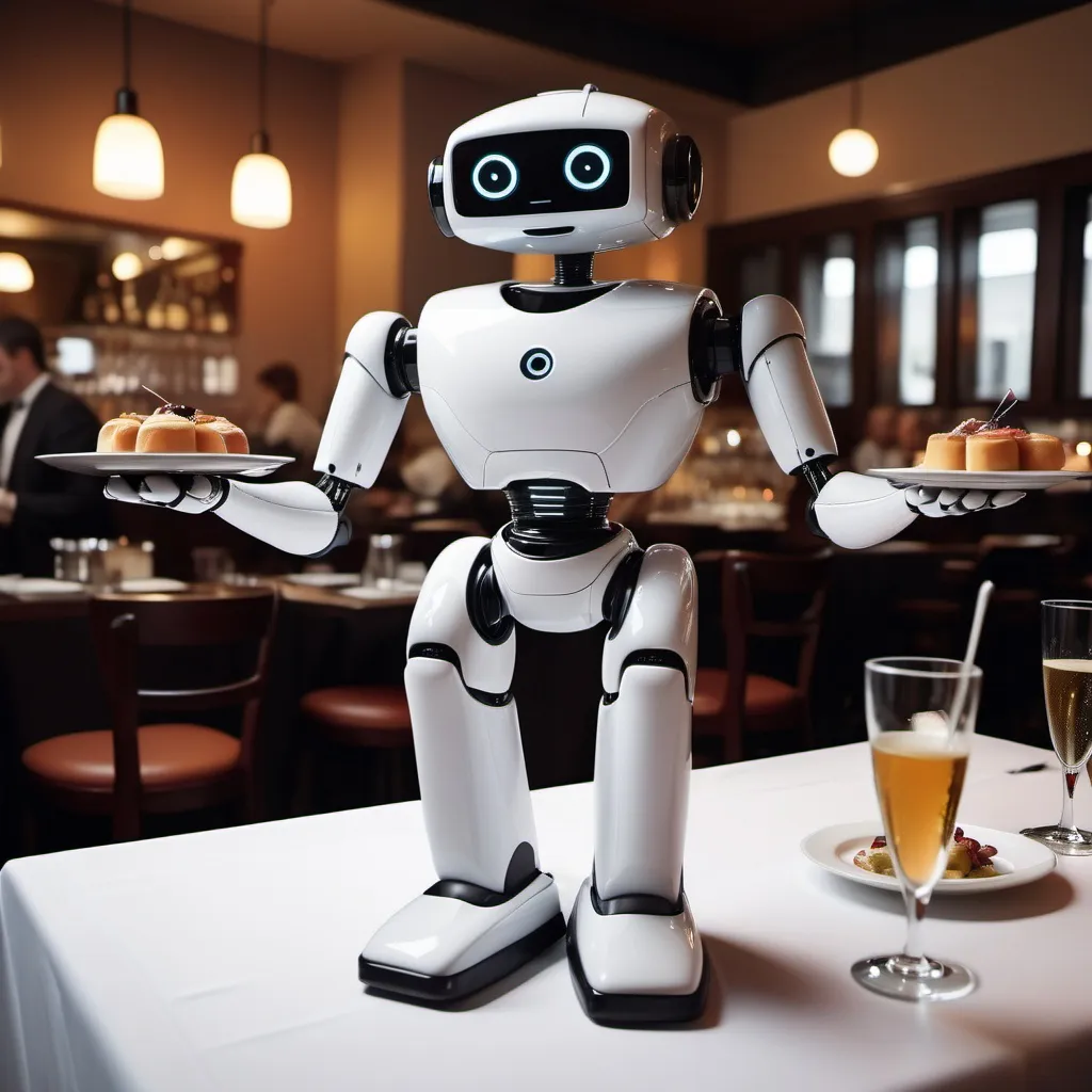 Prompt: Small and cute waiter robot