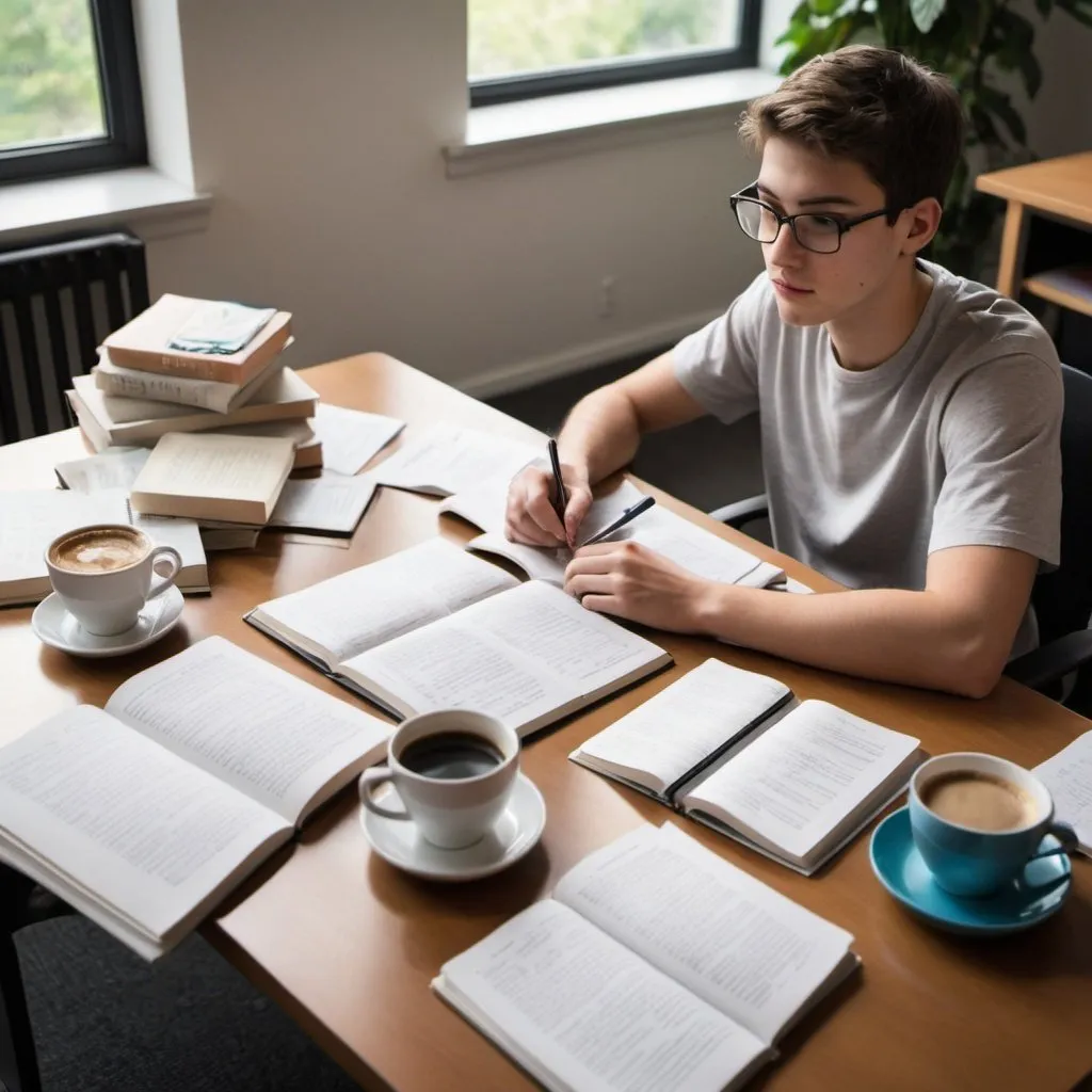 Prompt: (Scene: A student sitting at a desk with books and notes spread out. There's a cup of coffee next to them.)

Student: This time, I'm really going to study hard! I'm going to focus all day today!