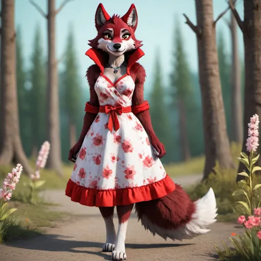 Prompt: Create a wolf female anthro character dressing a spring dress with red fur and sassy looking