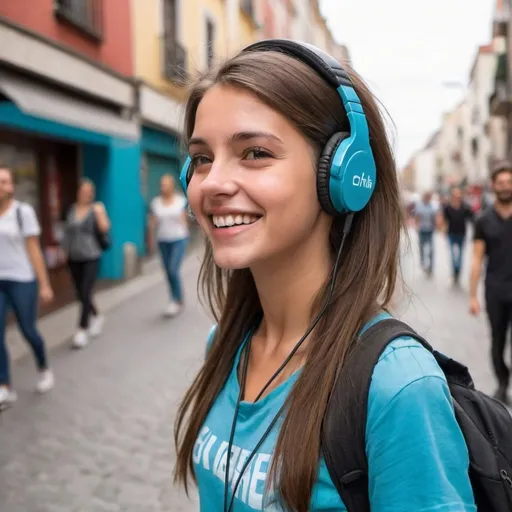 Prompt: Un chico con auriculares por la calle caminando feliz una chica le pregunta cómo está 