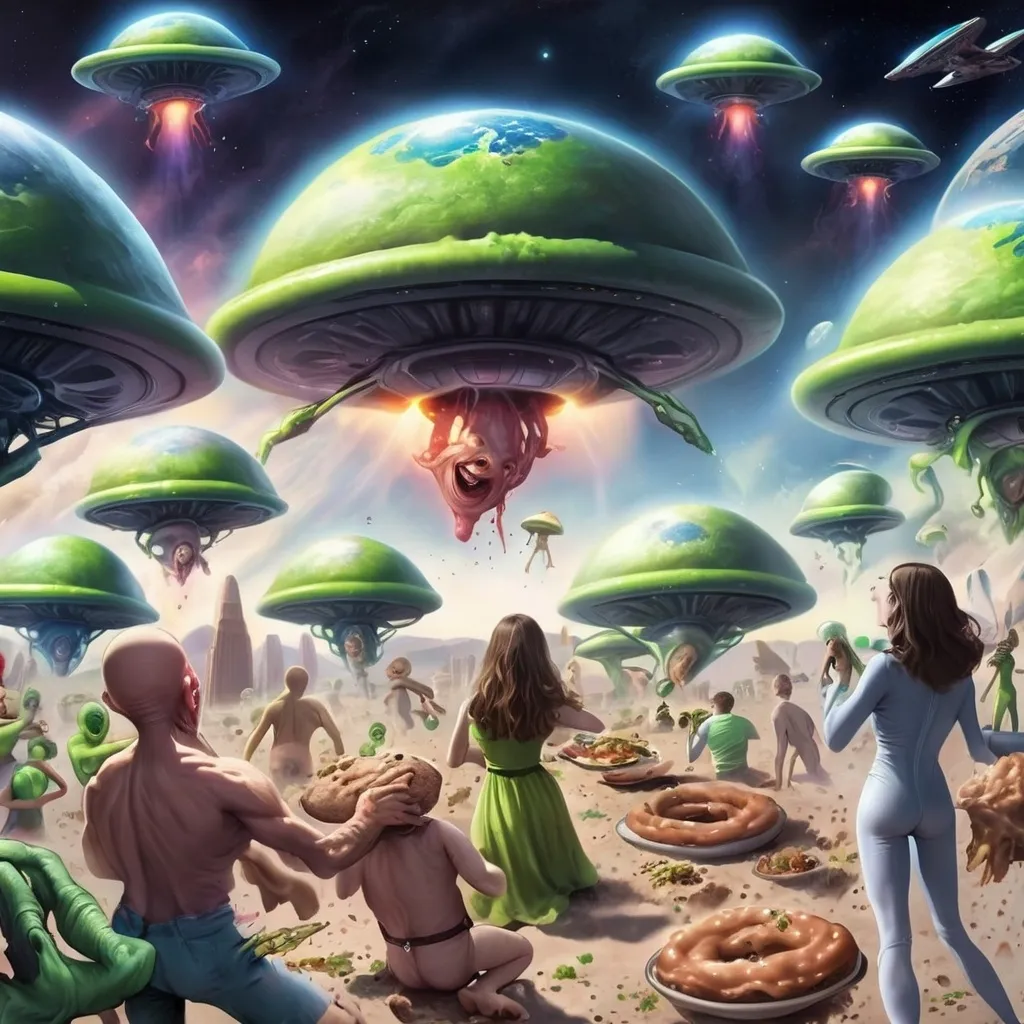 Prompt: World being abducted by aliens who are eating poop and eating humans