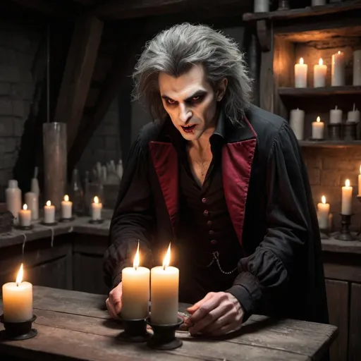 Prompt: make an image of a vampire making candles in his basement. theres has to be two counters in view. he has to have wild hair and dark clothing.