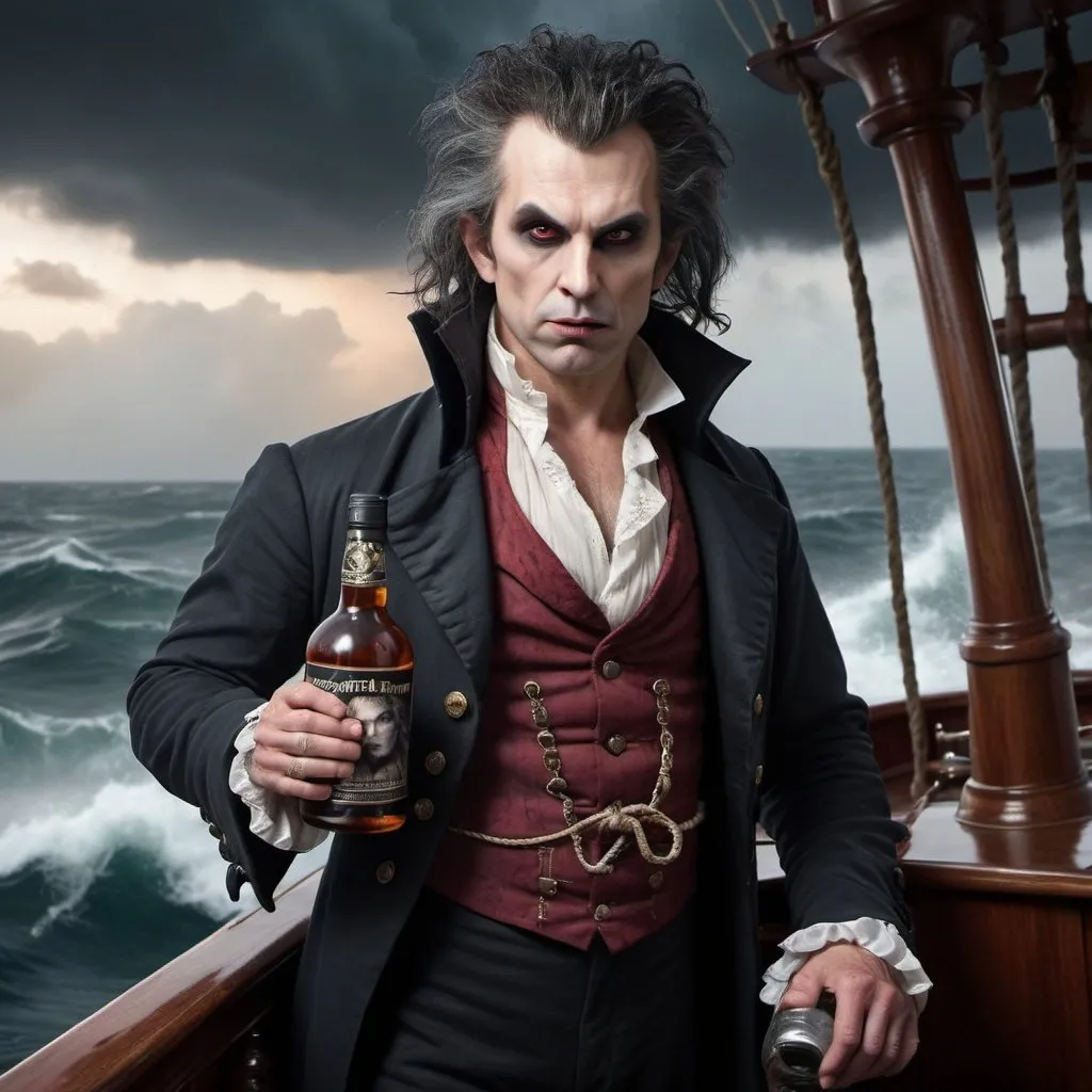 Prompt: make a realistic photo of a vampire that is 40 yrs old. He has wild hair, and he is on a large ship from the 1800s that is in a storm on the ocean at dawn. His face is defiant, and he is holding a bottle rum that has a black label on it.