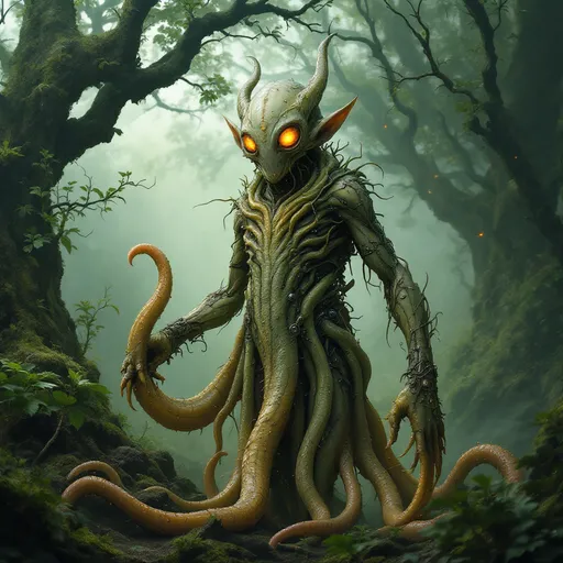 Prompt: The mutant elf demon controls the biochemical tentacle ecology, and the skin has the texture of plant and flesh and blood. A giant calyx-shaped tentac grows on the waist, and the surface of the extended tentacles is covered with luminous pollen, and the tip is differentiated into an elf auricle-shaped suction cup. The face retains the delicate facial features of the elf, but the eyes are replaced by a honeycomb compound eye structure, exuding wax-like pheromone liquid. The collar is a combination of living vines and mechanical pumps, and the nectar is continuously injected.

The background is a mutant forest, and the branches of the trees are exposed to the beating tentacle veins, and the bacterial blanket on the ground surges to form a desire totem. Morning mist and biofluorescence create a soft light effect, highlighting the iris reflection of pollen fog on the surface of the tentacles and the moist texture of skin sweat.