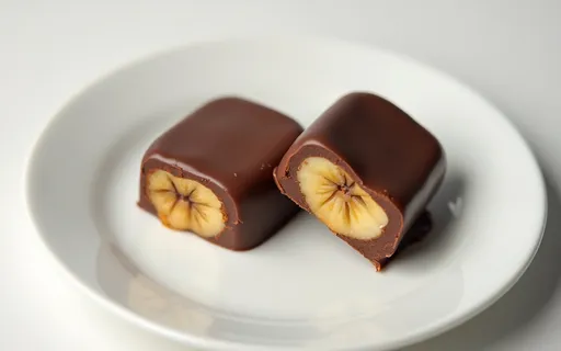 Prompt: Banana and peanut butter candies in chocolate glaze 2 pieces on a white plate and no background
