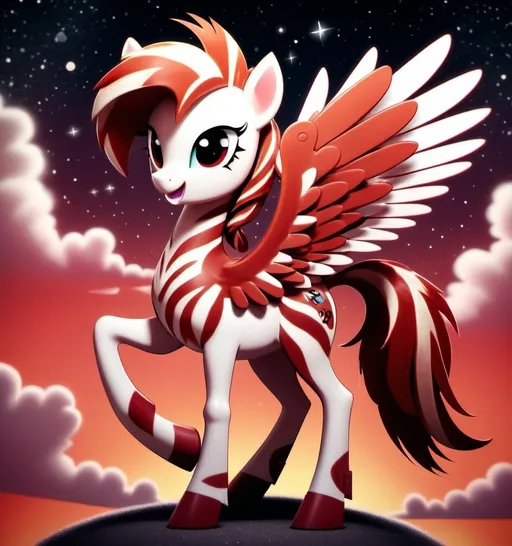 Prompt: (deep rusty red and white zebra with pegasus wings), My Little Pony style, vibrant colors, (playful) atmosphere, fantasy magical background, soft lighting, cartoonish details, whimsical and cheerful, pastel hues, flowing mane and tail, ultra-detailed, 4K, serene sky with fluffy clouds, glitter and stardust accents, enchanting, intricate wings, high quality.