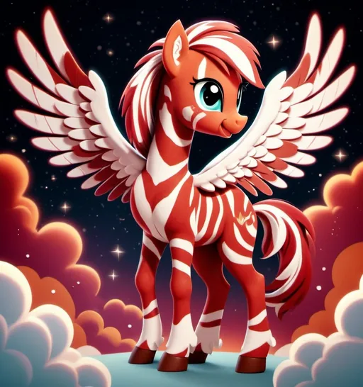 Prompt: (deep rusty red and white zebra with pegasus wings), My Little Pony style, vibrant colors, (playful) atmosphere, fantasy magical background, soft lighting, cartoonish details, whimsical and cheerful, pastel hues, flowing mane and tail, ultra-detailed, 4K, serene sky with fluffy clouds, glitter and stardust accents, enchanting, intricate wings, high quality.