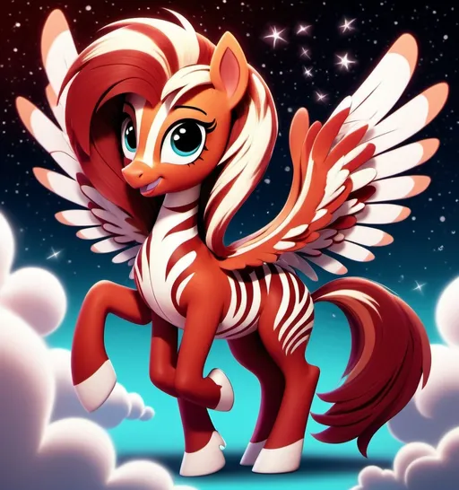 Prompt: (deep rusty red and white zebra with pegasus wings), My Little Pony style, vibrant colors, (playful) atmosphere, fantasy magical background, soft lighting, cartoonish details, whimsical and cheerful, pastel hues, flowing mane and tail, ultra-detailed, 4K, serene sky with fluffy clouds, glitter and stardust accents, enchanting, intricate wings, high quality.