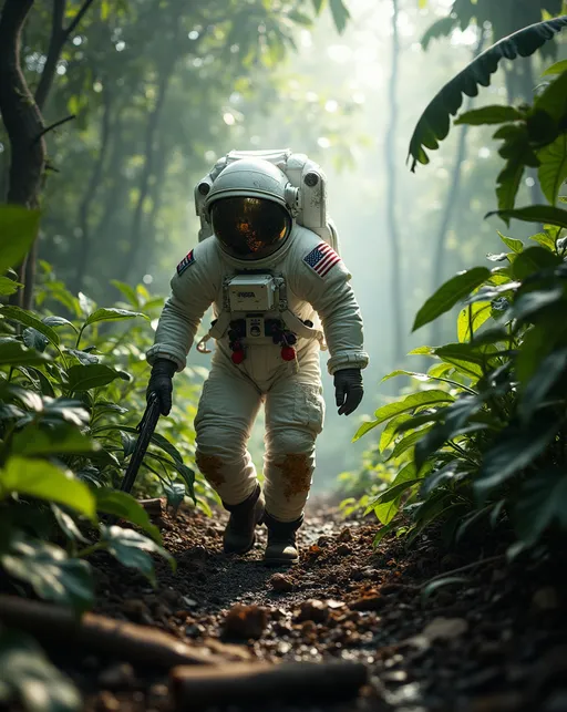 Prompt: 


---

9:16 Cinematic Image Prompt:
A high-resolution, photorealistic image of an astronaut in full white NASA-style spacesuit, including a reflective visor and mission patches, trekking through a dense Amazon rainforest. The astronaut is seen pushing through thick jungle foliage—broad green leaves, twisted vines, and misty undergrowth. Mud clings to the boots, and the forest floor is uneven with fallen logs and scattered leaves. Sunlight filters through the canopy above, casting dappled light and shadows across the scene. The atmosphere is humid and thick, with a soft haze in the distance. The astronaut’s posture is focused and cautious, with one hand holding a machete or cutting tool mid-swing, brushing aside vines as if searching or exploring. The composition emphasizes contrast between modern technology and raw nature, with no other people present—only the solitary figure navigating the wild. Shot in vertical 9:16 format with shallow depth of field for cinematic effect.


