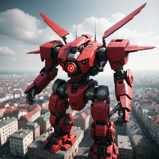 Prompt: Mecha with one red eye, flying over a city, full-body, cinematic render, Poland, nuclear strategy