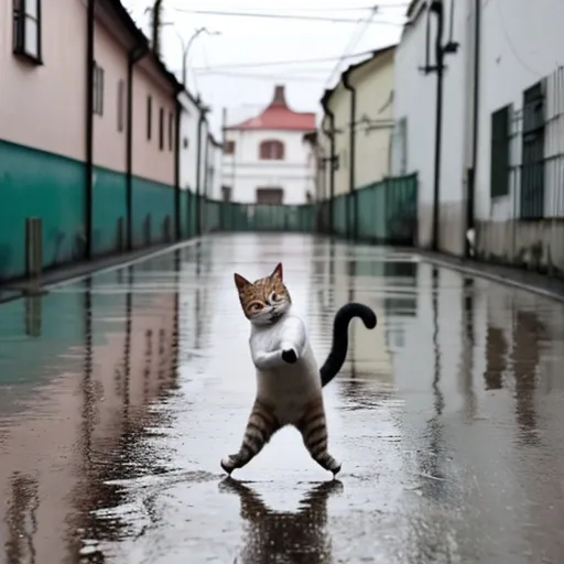 Prompt: gato bailando bajo la lluvia en una calle de rusia
