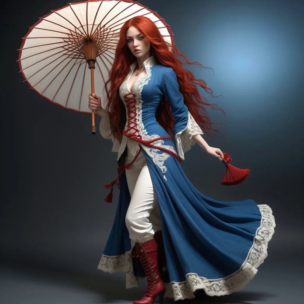 Prompt: (photorealistic) white human female rogue, (elegant blue gown), slender physique, (dynamic pose) showcasing agility, (detailed lace-up heeled boots) accentuating style, long red hair cascading, carrying an oriental parasol, dramatic lighting creating depth, (ultra-detailed depiction) capturing every intricate detail, (full body pose) highlighting poise and beauty, evoking a sense of mystique and elegance.