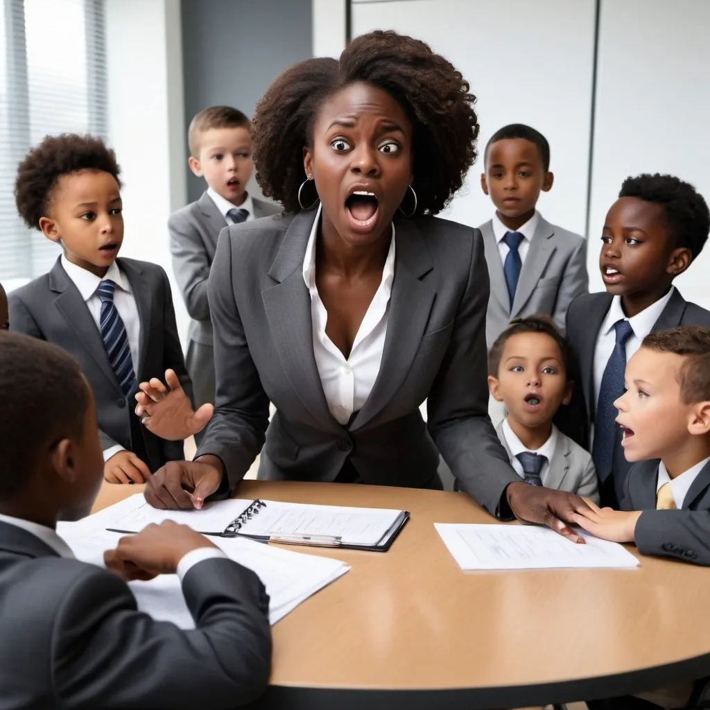 Prompt: Dark skinned African American woman with a buisness suit at a meeting in a office room with all kids at the table sitting down with suits on as she is shaking her head in disbelief at a big oval table 