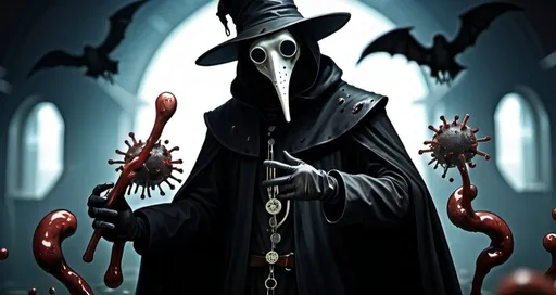 Prompt: Dark plague doctor whit bacterias around 