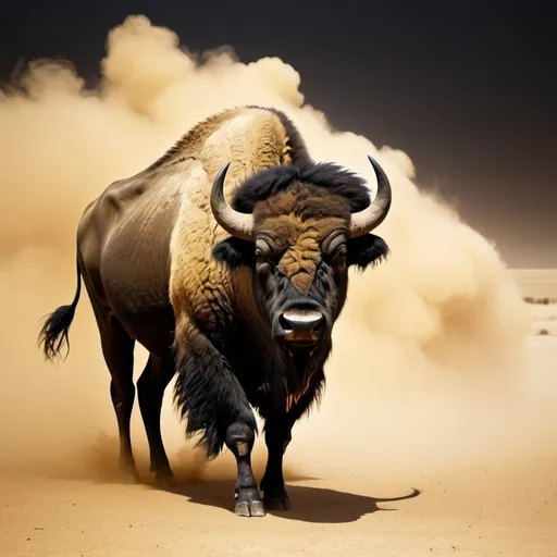 Prompt: Sandstorm, buffalo, heavy metal, black and gold colors, high contrast