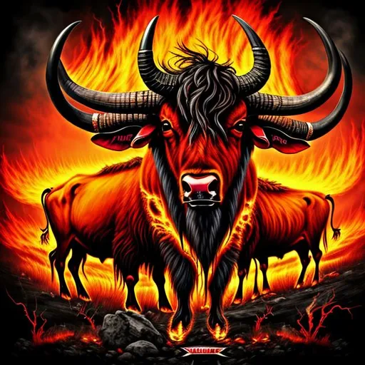 Prompt: Buffalo on fire, horns, red, heavy metal style, album artwork 

