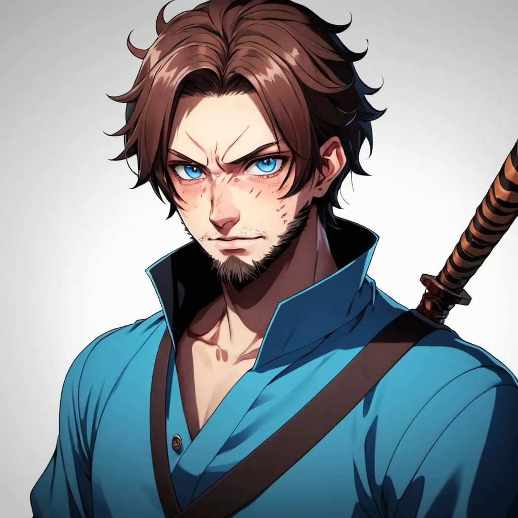 Prompt: Demon slayer, Male, short brown hair, beard, blue outfit, blue eyes