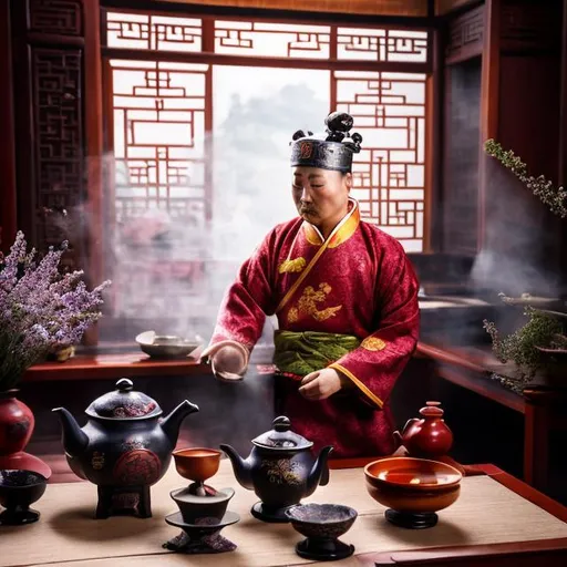 Prompt: Chinese Han Dynasty, a man sitting on his knees at a table, dressed in Chinese Han Dynasty clothing, he is making tea, there is a steaming teapot and some teacups on the table, next to the Boshan Lavender stove