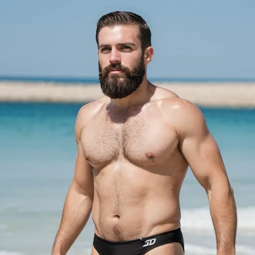 Prompt: An athletic bearded man wearing a black speedo