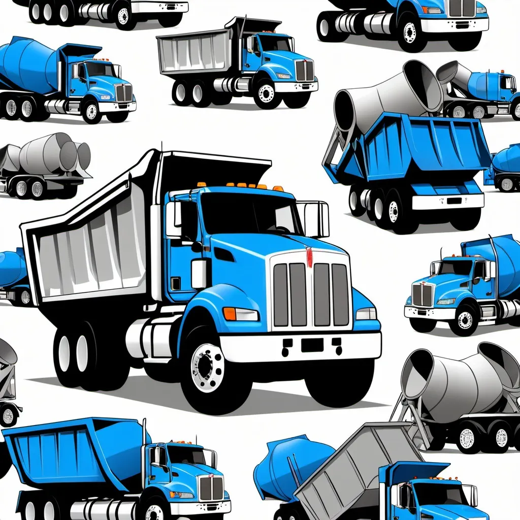 Prompt: design a T shirt with ready mix trucks and dump trucks of different images littered all over it, coloring each truck blue, grey, or white in solid colors each use 2024 kenworth T880 dump trucks and mixers Add concrete mixer trucks to this


