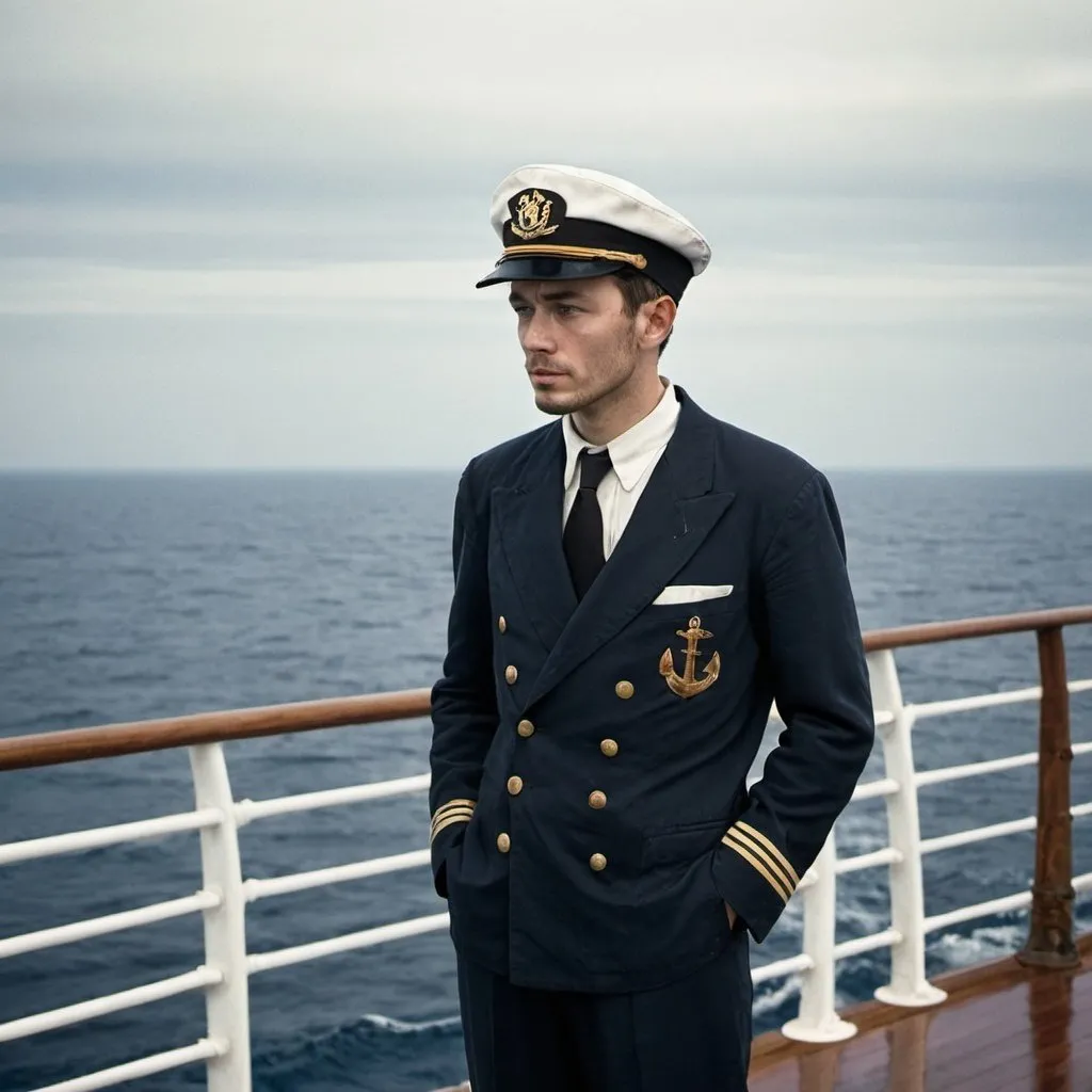 Prompt: Photo of a sailor standing on the deck of a ship, staring out at the endless expanse of the sea. The sailor wears a worn-out suit and cap, evoking a sense of nostalgia and longing for a simpler time.