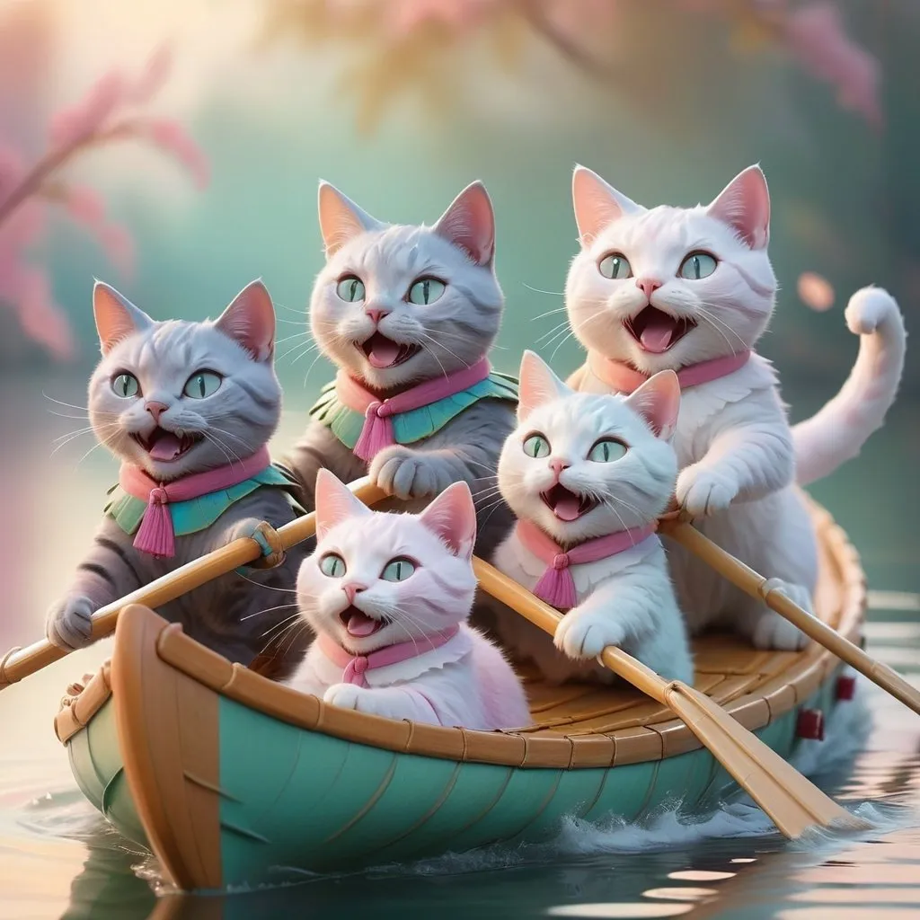 Prompt: Dreamy pastel portrait, cats riding dragonboat and singing, ethereal atmosphere, soft focus