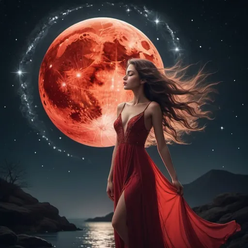 Prompt: In a serene setting beneath a canopy of twinkling stars, a beautiful woman stands illuminated by the soft glow of a blood-red moon. Her silhouette is striking against the dark night sky, creating a captivating contrast that accentuates her elegance and grace. Her flowing hair shimmers and dances in the gentle night breeze, reflecting the subtle light of the stars above. Her eyes sparkle with a mysterious allure, mirroring the constellations that dot the sky. She wears a simple yet elegant flowing dress that mimics the movement of the night sky itself, billowing gently around her and adding to her ethereal beauty. As she gazes up at the stars, a sense of wonder and awe fills her expression. Her connection to the universe is palpable, as if she holds a secret understanding of the cosmos's mysteries. Surrounded by the beauty of the starry night and the blood-red moon, this woman embodies the timeless allure of the heavens. Her presence is both calming and enchanting, making her a mesmerizing focal point against the backdrop of the celestial night.