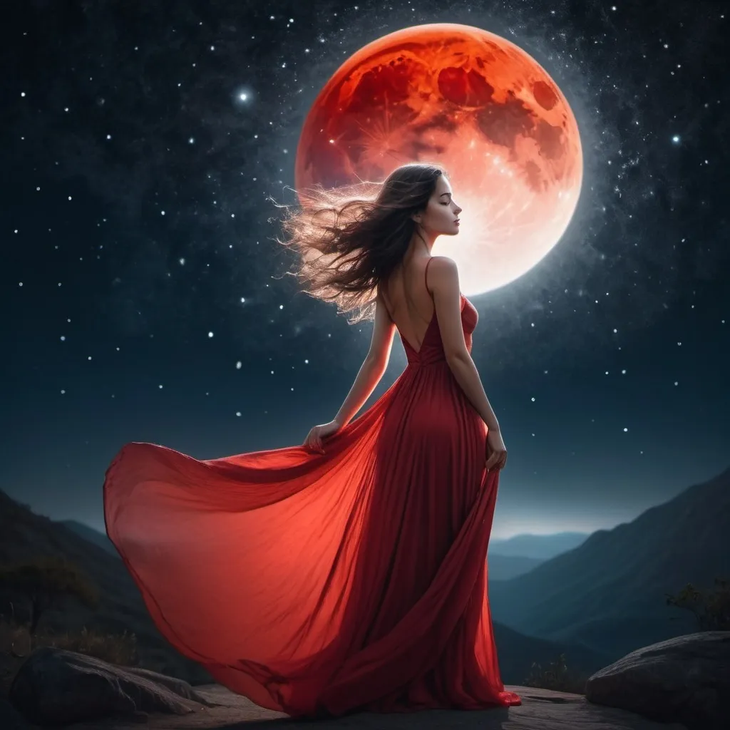 Prompt: In a serene setting beneath a canopy of twinkling stars, a beautiful woman stands illuminated by the soft glow of a blood-red moon. Her silhouette is striking against the dark night sky, creating a captivating contrast that accentuates her elegance and grace. Her flowing hair shimmers and dances in the gentle night breeze, reflecting the subtle light of the stars above. Her eyes sparkle with a mysterious allure, mirroring the constellations that dot the sky. She wears a simple yet elegant flowing dress that mimics the movement of the night sky itself, billowing gently around her and adding to her ethereal beauty. As she gazes up at the stars, a sense of wonder and awe fills her expression. Her connection to the universe is palpable, as if she holds a secret understanding of the cosmos's mysteries. Surrounded by the beauty of the starry night and the blood-red moon, this woman embodies the timeless allure of the heavens. Her presence is both calming and enchanting, making her a mesmerizing focal point against the backdrop of the celestial night.