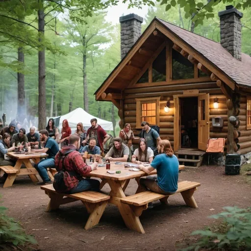 Prompt: A bunch of people playing dungeons and dragons in the woods at a picnic table log cabin in the background 