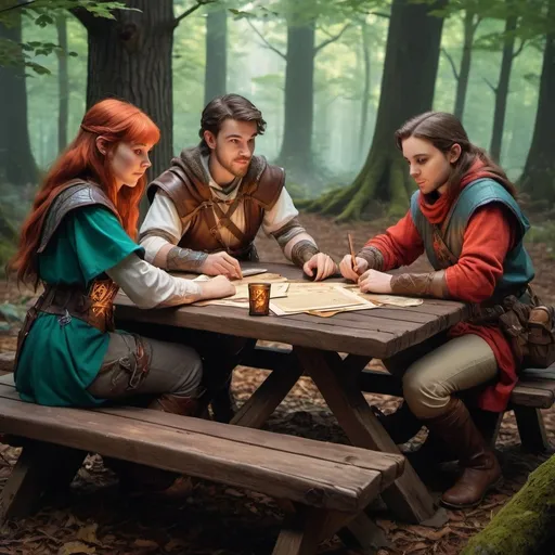 Prompt: Three people playing dungeons and dragons in the woods, wooden picnic table, fantasy setting, detailed facial expressions, high-quality, digital painting, fantasy, natural lighting, immersive environment, cozy atmosphere, detailed clothing, vibrant colors, scenic woodland, fantasy, outdoor gaming, detailed character sheets, storytelling vibes