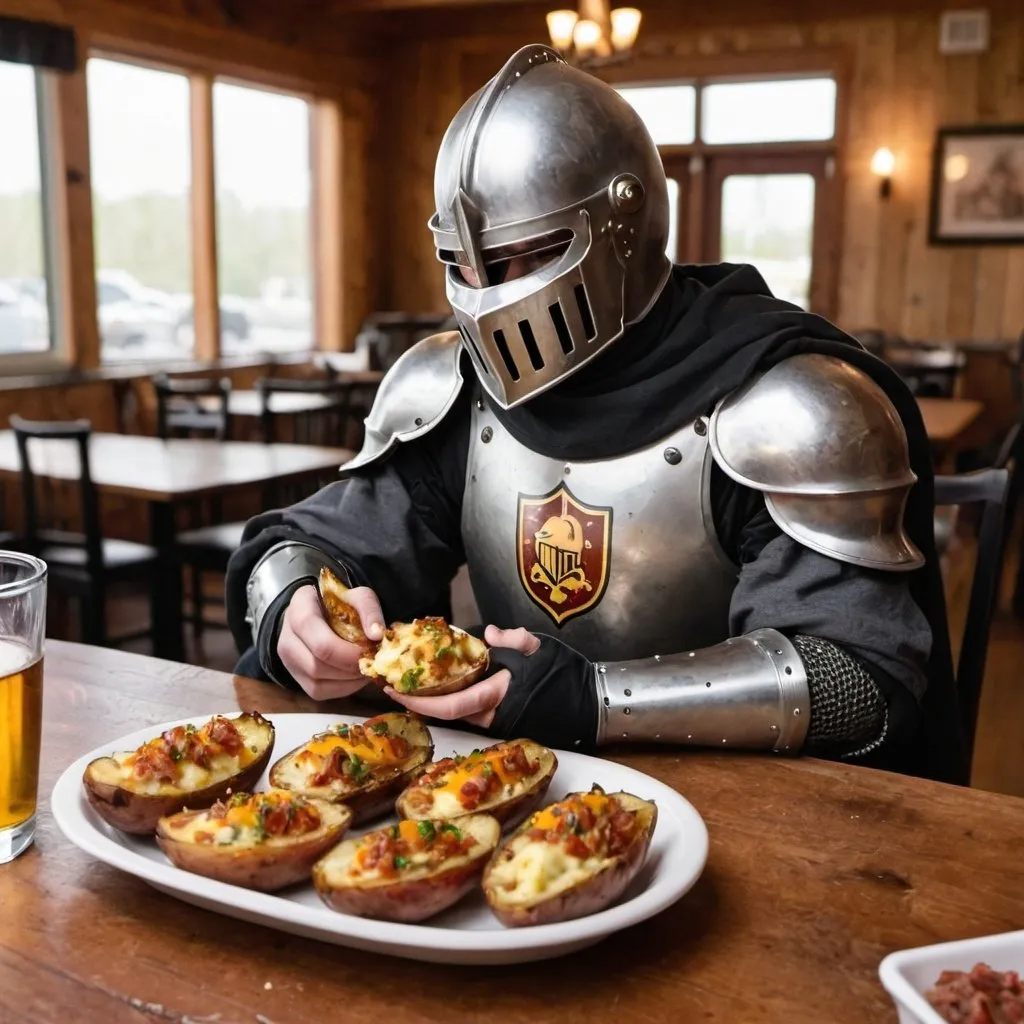 Prompt: A knight sitting at a table eating loaded potato skins