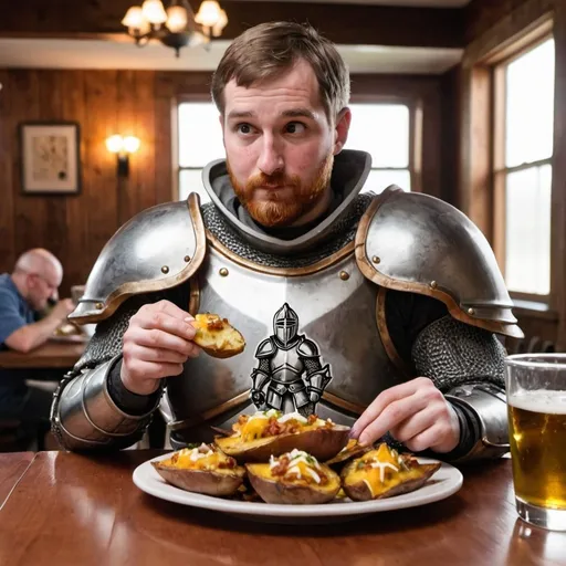 Prompt: A knight sitting at a table eating loaded potato skins