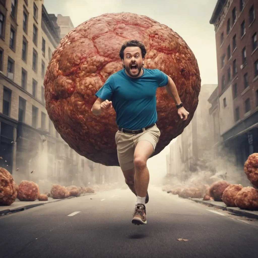 Prompt: A man running from a giant meatball