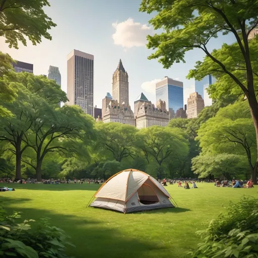 Prompt: Small Dome style Camping  tent in the middle of Central Park, lush greenery surrounding, vibrant city skyline in the background, high resolution, realistic artistic style, natural lighting, warm tones, detailed texture, peaceful atmosphere, New York City, outdoors, cityscape, vibrant, high quality, detailed, realistic, dome tent, lush greenery, city skyline, natural lighting, warm tones