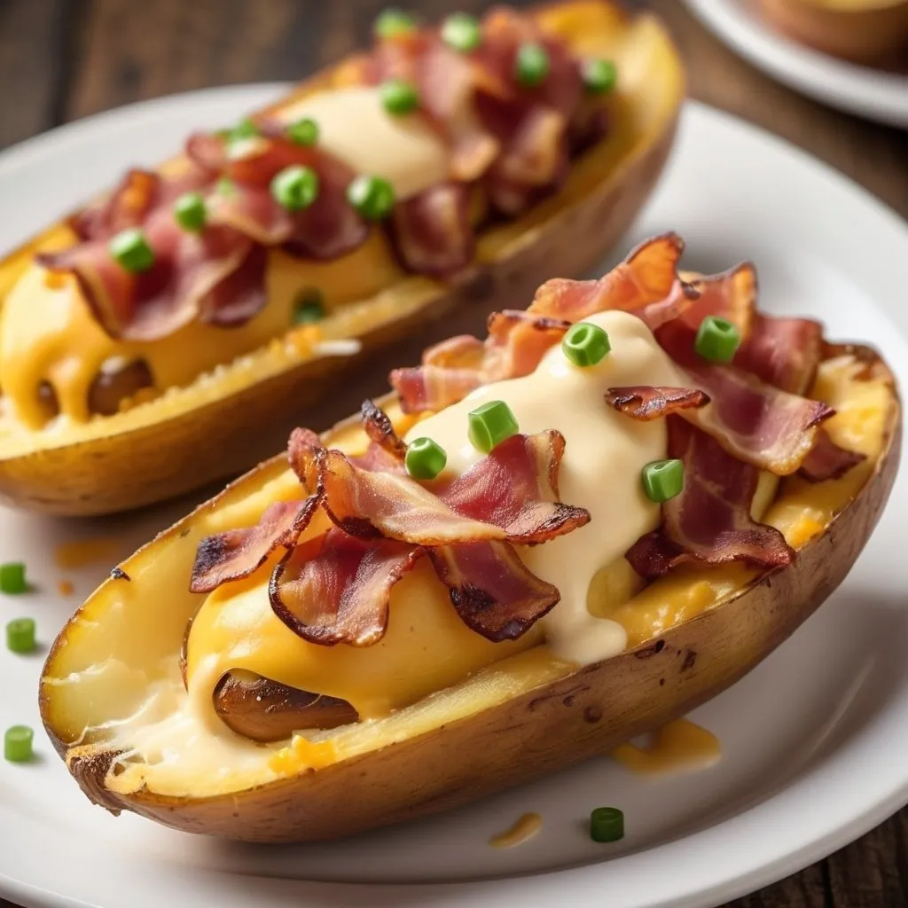 Prompt: Loaded potato skins on a plate, savory and indulgent, delicious cheese and bacon toppings, crispy potato skins, high quality, realistic, warm lighting, appetizing presentation