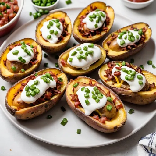 Prompt: Six loaded potato skins on a plate