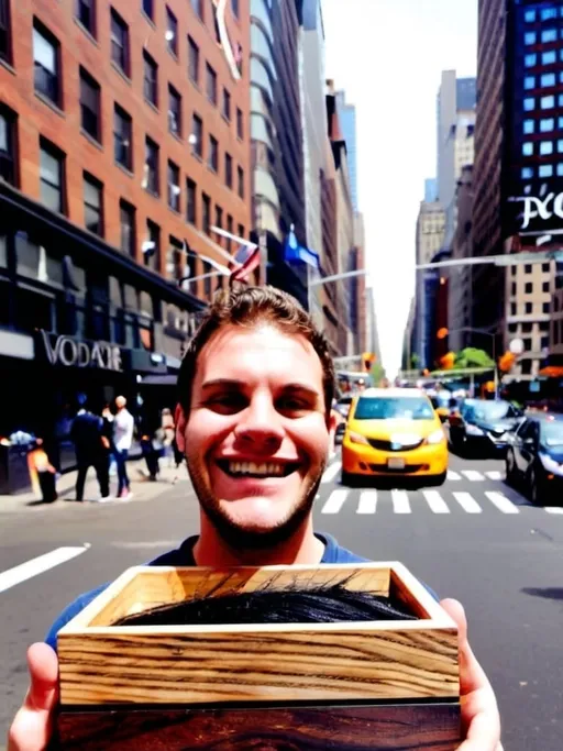 Prompt: Happy man standing in New York City holding a wooden box in his hands with the lid open and full of long black hair