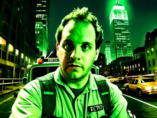 Prompt: Ghostbuster in New York City, mixed media art, iconic Ecto-1, eerie supernatural presence, detailed city skyline, cinematic quality, realistic, urban fantasy, spectral green lighting, vintage vibe, 80s nostalgia, high contrast, gritty urban aesthetic, supernatural, paranormal, spectral green, detailed cityscape, professional-level art, atmospheric lighting