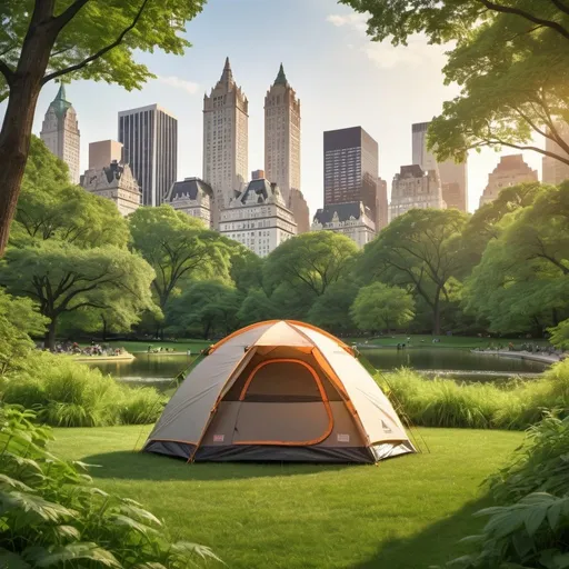 Prompt: Small Dome style Camping  tent in the middle of Central Park, lush greenery surrounding, vibrant city skyline in the background, high resolution, realistic artistic style, natural lighting, warm tones, detailed texture, peaceful atmosphere, New York City, outdoors, cityscape, vibrant, high quality, detailed, realistic, dome tent, lush greenery, city skyline, natural lighting, warm tones