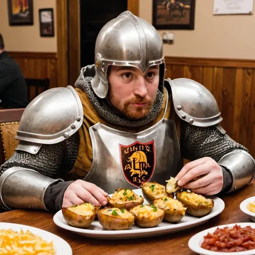 Prompt: A knight sitting at a table eating loaded potato skins