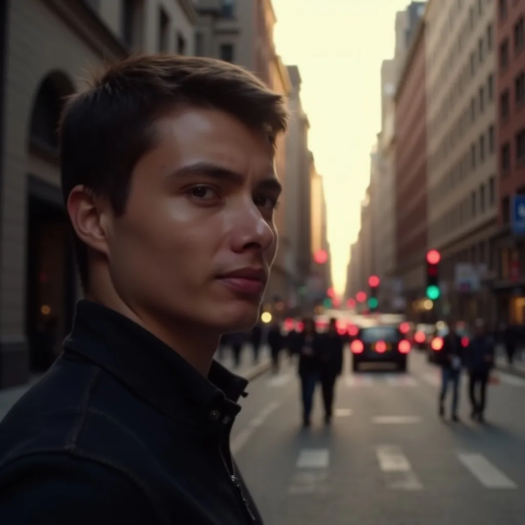 Prompt: Man standing on a street corner, close up on face (urban setting), (evening light), (warm orange tones), shadows cast, capturing a sense of solitude, city hustle in background, high detail, (4K resolution), slightly blurred movement to convey activity, (urban vibe), intriguing street signs, gentle illumination from surrounding buildings creating atmosphere.