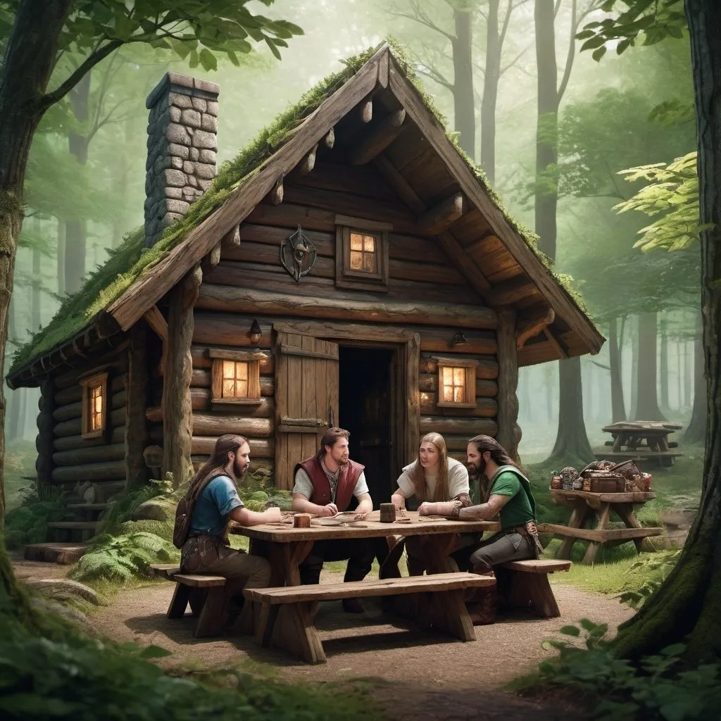 Prompt: Three friends playing Dungeons & Dragons in the woods, distant log cabin, natural lighting, detailed faces, rustic wooden picnic table, lush green surroundings, fantasy genre, distant log cabin, cozy atmosphere, highres, detailed characters, woodland setting, immersive storytelling