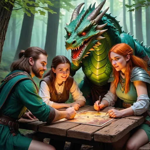 Prompt: Three people playing dungeons and dragons in the woods, wooden picnic table, fantasy setting, detailed facial expressions, high-quality, digital painting, fantasy, natural lighting, immersive environment, cozy atmosphere, detailed clothing, vibrant colors, scenic woodland, fantasy, outdoor gaming, detailed character sheets, storytelling vibes, dragon.